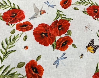 Italian pure linen high quality premium fabric/ Designer floral poppies print/ Alta moda luxury textile natural fabric by the yard
