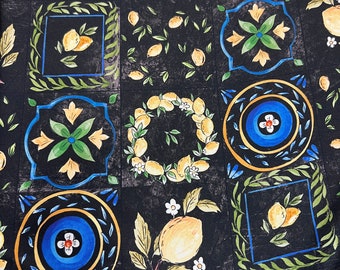 Pure silk twill high quality premium Italian fabric/ Designer maiolica lemon print/ Alta moda luxury textile natural fabric by the yard