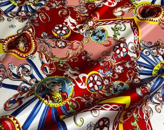 Pure silk charmeuse premium high quality Italian fabric/ Designer Sicilian print/ Alta moda luxury textile natural fabric by the yard