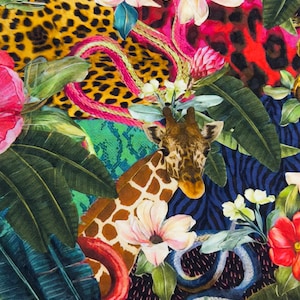 May include: A colourful fabric with a jungle theme featuring a giraffe, snake, leopard print, and tropical flowers.