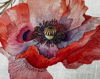 Italian pure linen high quality premium fabric / Designer floral poppies print/ Alta moda luxury textile natural fabric by the yard