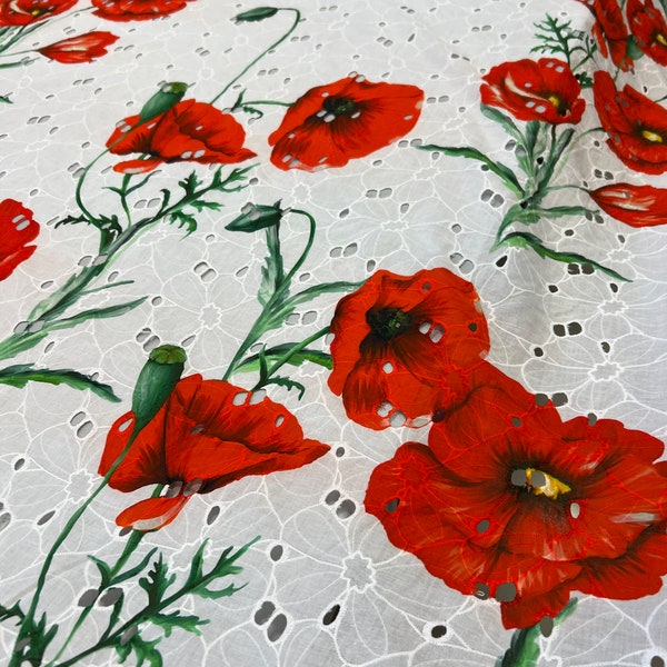 Italy high quality premium designer embroidered cotton fabric/ Exclusive luxury soft fabric/ Alta moda sangallo red poppies pattern fabric