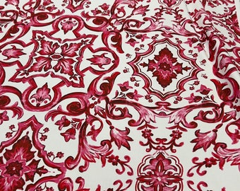 Cotton poplin high quality premium italian fabric/ Designer maiolica fuchsia print / Alta moda luxury textile natural fabric by the yard