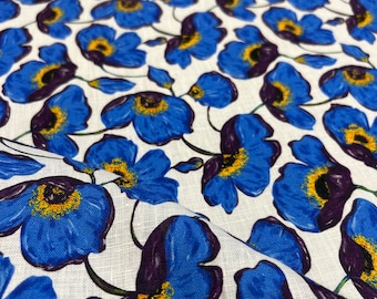 Pure linen high quality premium Italian fabric/ Designer floral poppies print/ Alta moda luxury textile fashion fabric by the yard