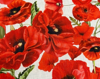 Italian pure linen high quality premium fabric/ Designer floral red poppies print/ Alta moda luxury textile natural fabric by the yard