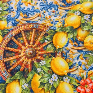 May include: A vibrant, patterned fabric featuring bright yellow lemons, green leaves, and white flowers. The design includes a decorative wooden wheel and ornate blue and yellow scrollwork, with red and orange floral accents.