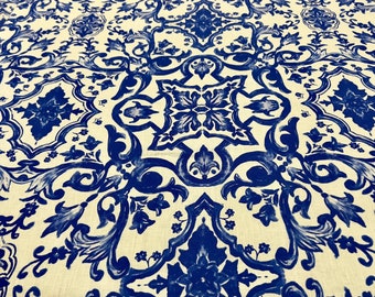 Pure linen high quality premium Italian fabric/ Designer maiolica print/ Alta moda luxury textile natural fabric by the yard