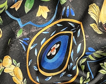 Pure silk twill high quality premium Italian fabric/ Designer maiolica lemon print/ Alta moda luxury textile natural fabric by the yard