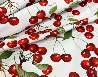 Cotton poplin high quality premium Italian fabric/ Designer cherry print/Alta moda luxury natural textile fabric by the yard