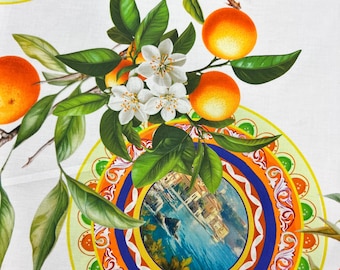 Popelín de algodón de alta calidad, tejido italiano premium / Panel estampado siciliano de diseño de 1,40 m / Tejido textil de lujo de alta costura por metro