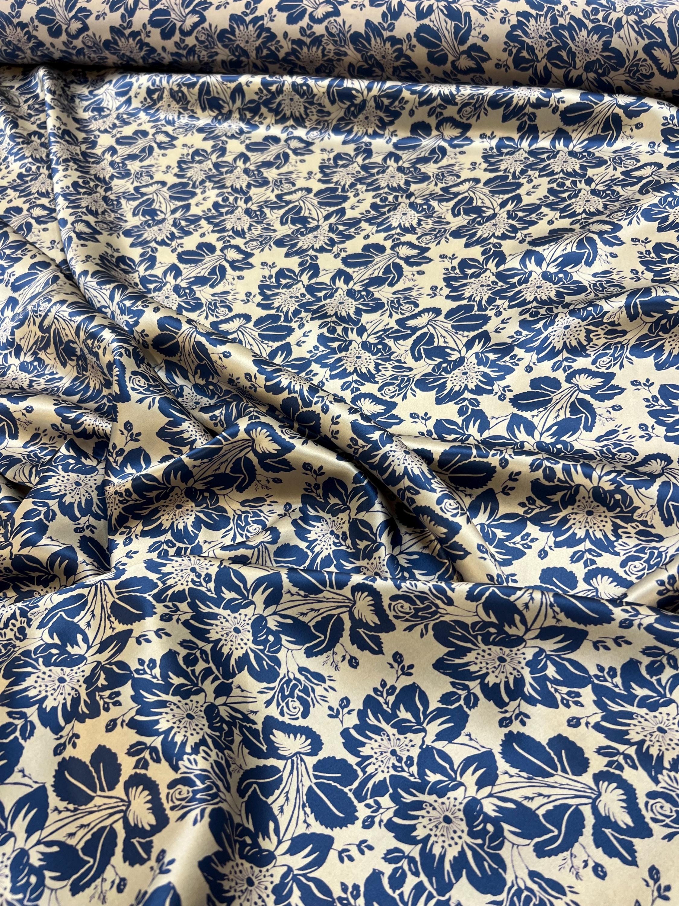 Luxury Pure Silk Fabrics Blue Floral Ivory, Italian Designer Fabric ...