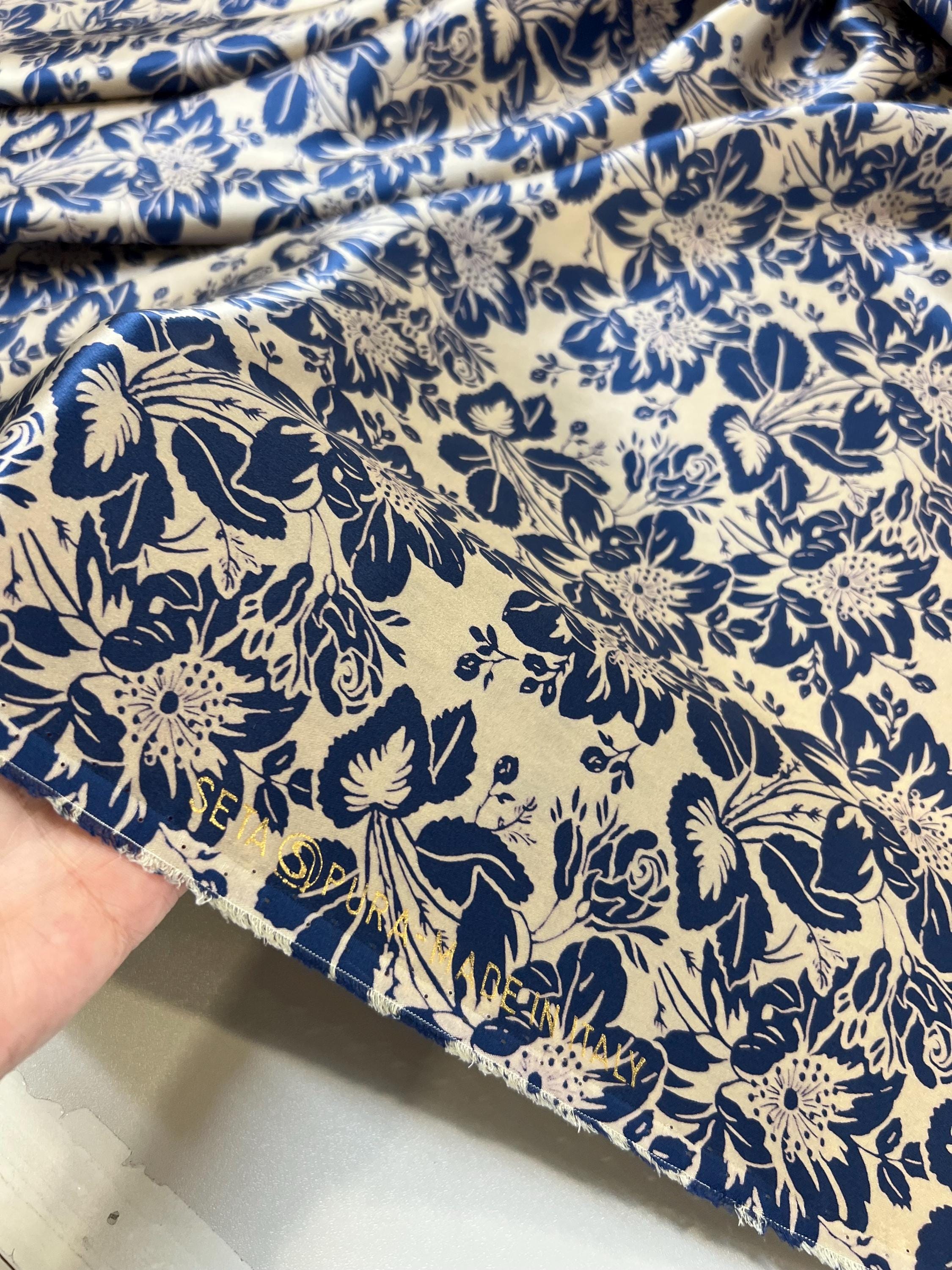 Luxury Pure Silk Fabrics Blue Floral Ivory, Italian Designer Fabric ...