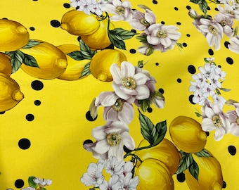 Italian pure silk charmeuse high quality premium fabric/ Designer floral lemon print/ Alta moda luxury textile natural fabric by the yard