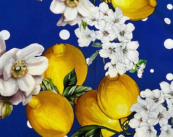 Pure silk crepe premium high quality Italian fabric/ Designer floral and lemon print/ Alta moda luxury textile natural fabric by the yard