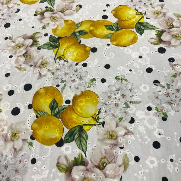 Italian cotton embroidered designer premium fabric/ High quality natural  fabric/ Exclusive floral and lemon luxury sangallo fabric