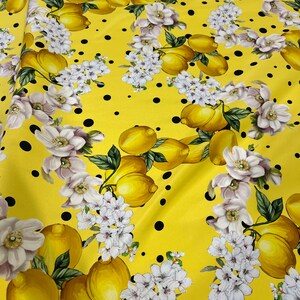 Italian pure silk charmeuse high quality premium mulberry fabric/ Designer floral lemon print/ Alta moda luxury natural with stretch fabric