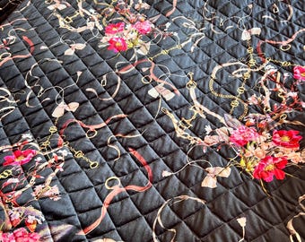 Italian quilted velvet, high quality premium padded textile with floral and chain print, luxury Italian designer fabric by the yard