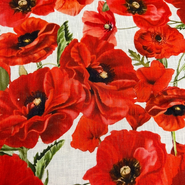Italian pure linen high quality premium designer fabric/ Exclusive floral red poppies print/ Alta moda luxury fabric