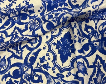Italian pure linen high quality premium fabric/ Designer maiolica print/ Alta moda luxury textile natural fabric by the yard