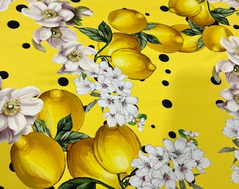 Italian pure silk charmeuse high quality premium fabric/ Designer floral lemon print/ Alta moda luxury textile natural fabric by the yard