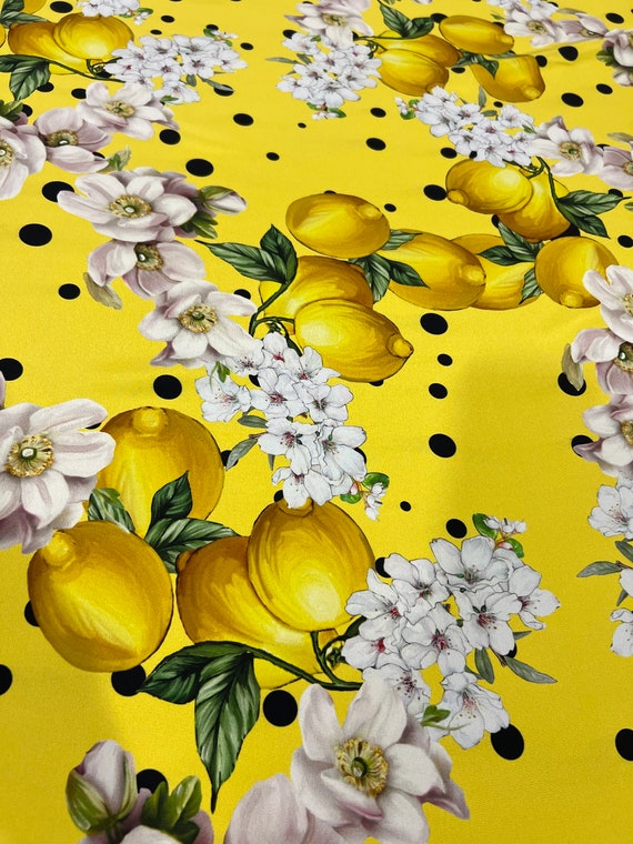 High Quality Italian Silk Charmeuse Fabric - Designer Lemon Floral Print, Yellow Luxury Textile by the Yard