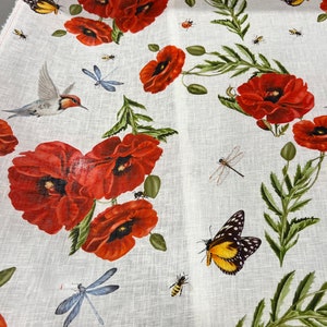 Hoogwaardige, pure Italiaanse linnenstof van topkwaliteit / Designer bloemenprint met klaprozen / Luxe textiel van topkwaliteit, natuurlijke stof per meter