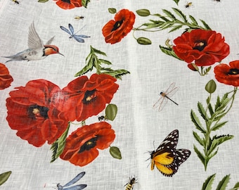 Pure linen high quality premium italian fabric/ Designer floral poppies print/ Alta moda luxury textile natural fabric by the yard