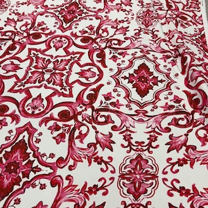 Italian cotton poplin high quality premium fabric/ Designer maiolica fuchsia print / Alta moda luxury natural textile fabric by the yard