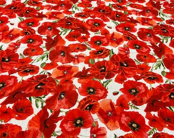 Italian pure linen high quality premium fabric/ Designer floral red poppies print/ Alta moda luxury textile natural fabric by the yard