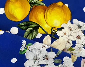 Premium hoogwaardige Italiaanse crêpestof van pure zijde / Designerprint met bloemen en citroenen / Luxe textiel van natuurlijke stof, volgens de laatste mode, per meter