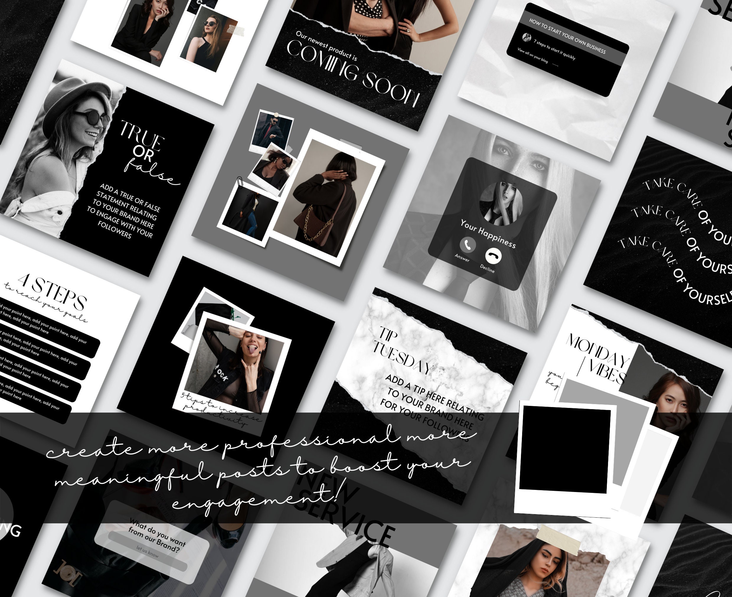 Black White Instagram Post Template Canva, Instagram Branding, Dark ...