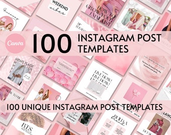 Peut inclure: Un collage de 100 modèles de publication Instagram rose et blanc avec des superpositions de texte. Les modèles présentent divers designs et mises en page, notamment des citations, des conseils et des messages de motivation. Le texte "100 modèles de publication Instagram" est affiché en grande police en haut de l'image.