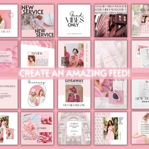 May include: A collage of 16 pink and white Instagram feed images with text and graphics. The images include a giveaway announcement, a new service announcement, a review, a new blog post, a testimonial, a how-to guide, a summer theme, a new blog post, and a sneak peek of a new blog post.