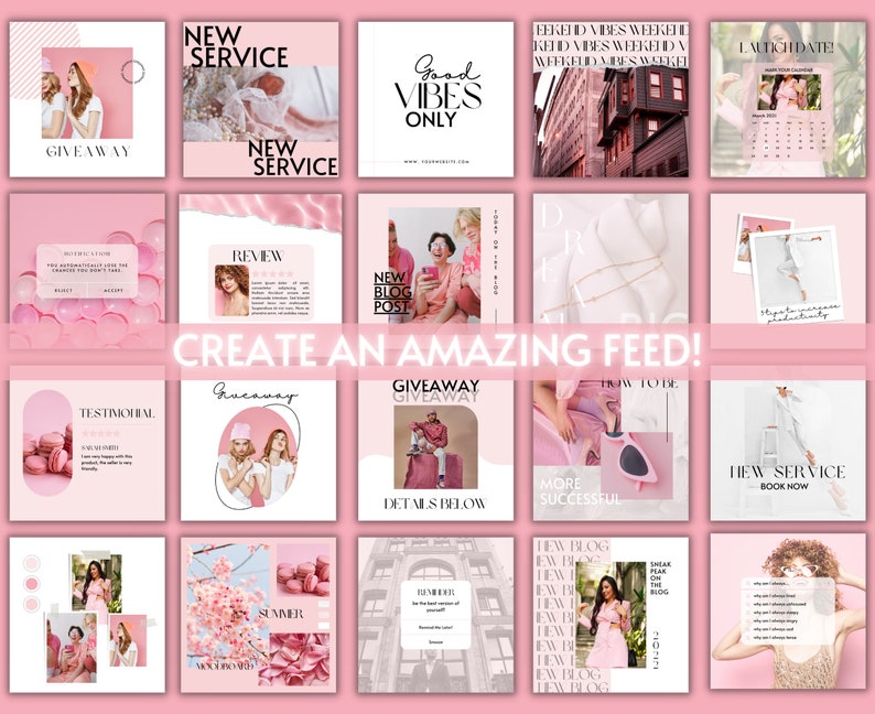 May include: A collage of 16 pink and white Instagram feed images with text and graphics. The images include a giveaway announcement, a new service announcement, a review, a new blog post, a testimonial, a how-to guide, a summer theme, a new blog post, and a sneak peek of a new blog post.