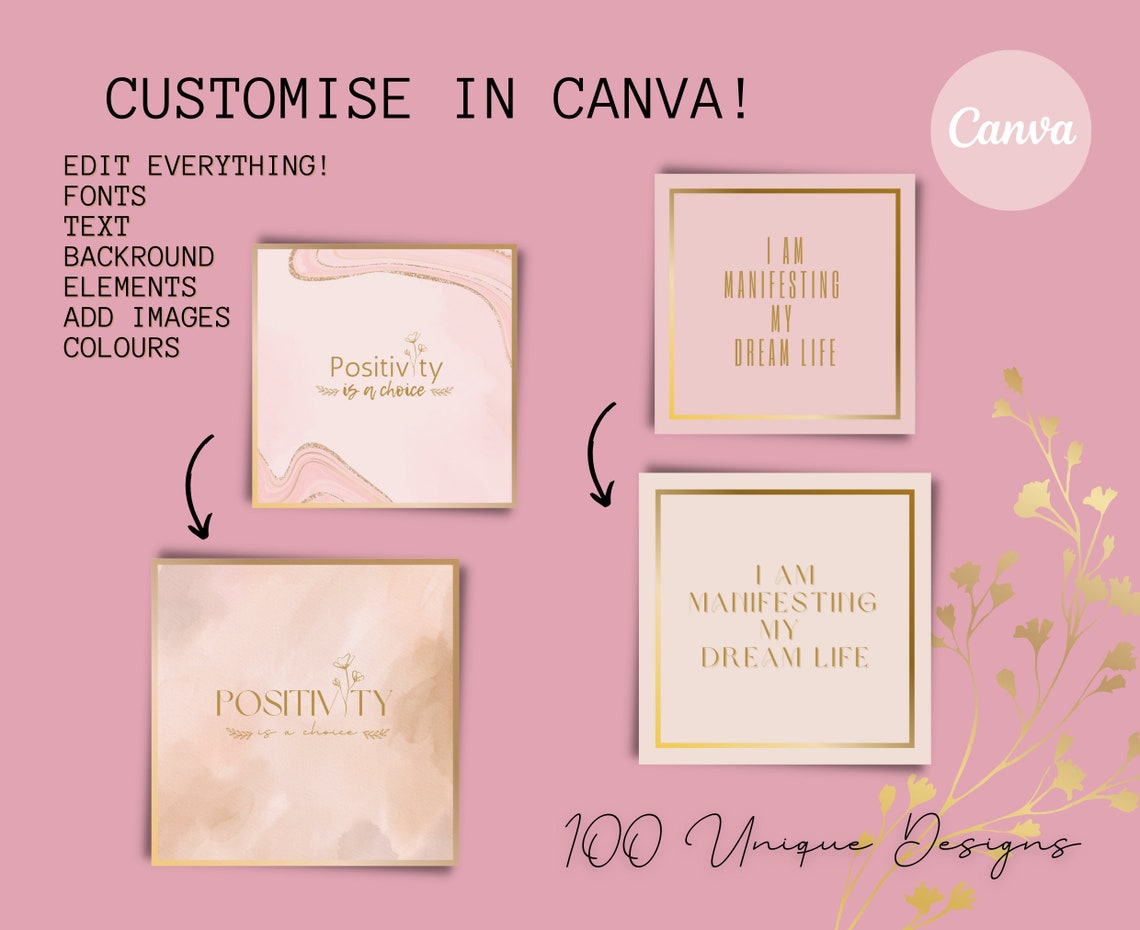 Pink Gold Instagram Quotes Templates Canva Instagram Etsy