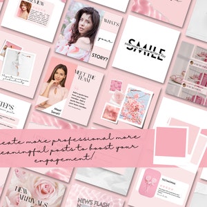 May include: A collection of pink and white social media post templates with text such as "Meet the Team", "What's your story?", "Smile", "4 Steps to reach your goals", "New Arrivals", "News Flash", and "Testimonial".