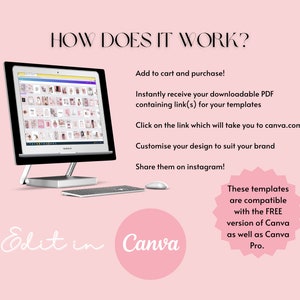 May include: A computer screen displaying a Canva design template with a pink background. The text on the screen reads "How does it work?" and outlines the steps for using the template. The text below the screen reads "Edit in Canva".