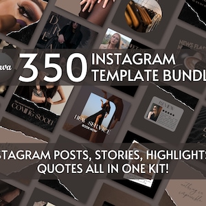 Puede incluir: Un collage de 350 plantillas de Instagram para publicaciones, historias y destacados. Las plantillas presentan un esquema de color marrón oscuro y negro con bordes de papel rasgados. El texto "350 plantillas de Instagram" se muestra en una fuente grande.