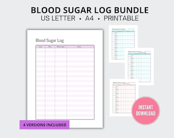 Blood Sugar Log Bundle, Weekly Glucose Tracker, Diabetes Tracker, Daily Insulin Metformin Medication | PDF Printable (A4, US Letter)