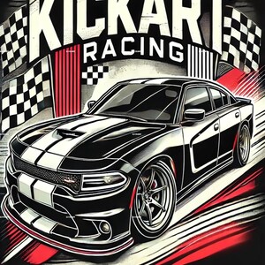 Puede incluir: Ilustración en blanco y negro de un coche de carreras con rayas blancas y el texto "KICKART RACING". El diseño incluye banderas a cuadros y líneas de velocidad rojas y blancas.