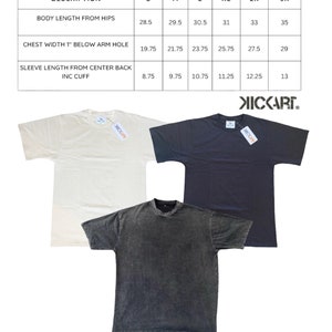 May include: A size chart for a 7.5oz 250GSM heavyweight premium cotton t-shirt. The chart includes measurements for body length from hips, chest width, and sleeve length. Three t-shirts are displayed: cream, navy, and a washed black. The brand name is visible.