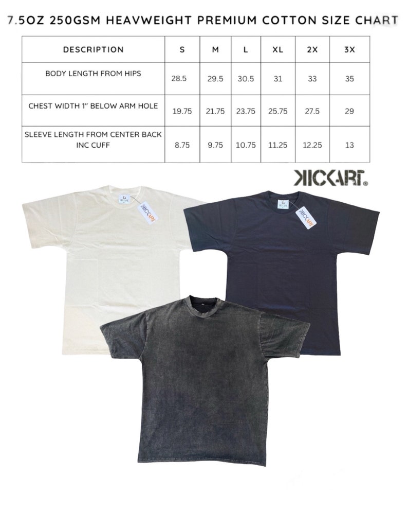 May include: A size chart for a 7.5oz 250GSM heavyweight premium cotton t-shirt. The chart includes measurements for body length from hips, chest width, and sleeve length. Three t-shirts are displayed: cream, navy, and a washed black. The brand name is visible.