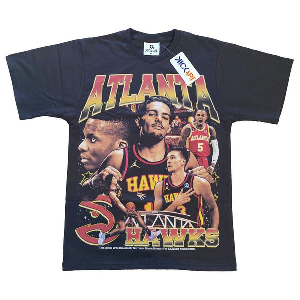 ATL Hawks T-shirt-Handmade Tee-Vintage Style-Unique Design-Custom Print-Sports Fashion-Retro Black-Street Wear Gift For Basketball Fans