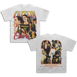May include: White t-shirt with a collage of images of a basketball player, Caitlin Clark, wearing a jersey with the number 22 and the words "Indiana" and "Clark".
