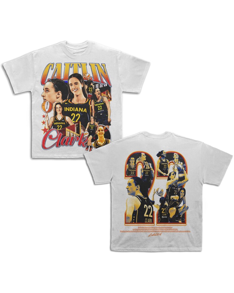 May include: White t-shirt with a collage of images of a basketball player, Caitlin Clark, wearing a jersey with the number 22 and the words "Indiana" and "Clark".