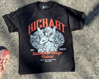 KICKART Southside Design District Angel Tee – Vintage Gothic Cherub Graphic Shirt | Luxury Streetwear Unisex Black T-Shirt