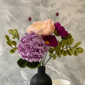 Peony Felt Flower Bouquet, Realistic Peony Flowers, Peony, Chrysanthemum, Cosmo Daisy Faux Flowers, Modern Flower Arrangement