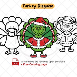 Könnte beinhalten: Eine digitale Illustration mit drei Truthahn-Figuren. Links ein Truthahn als Strichzeichnung, in der Mitte ein farbiger Truthahn mit Weihnachtsmannmütze und Mantel, rechts ein Truthahn als Strichzeichnung im Weihnachtsmann-Outfit. Text Turkey Disguise.