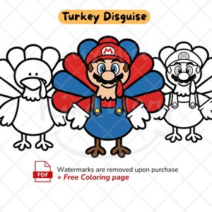 Puede incluir: Una ilustración digital titulada Turkey Disguise que muestra un pavo central coloreado disfrazado de personaje de videojuego con gorra roja, peto azul y plumas rojas y azules, flanqueado por dos contornos de pavo en blanco y negro.