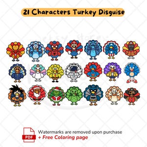 Peut inclure: Une collection numérique de 21 illustrations de dindes en dessin animé, chacune vêtue d'un costume de personnage unique. Le graphique présente des dindes colorées en super-héros, icônes de jeux vidéo et personnages festifs avec le texte 21 Characters Turkey Disguise.